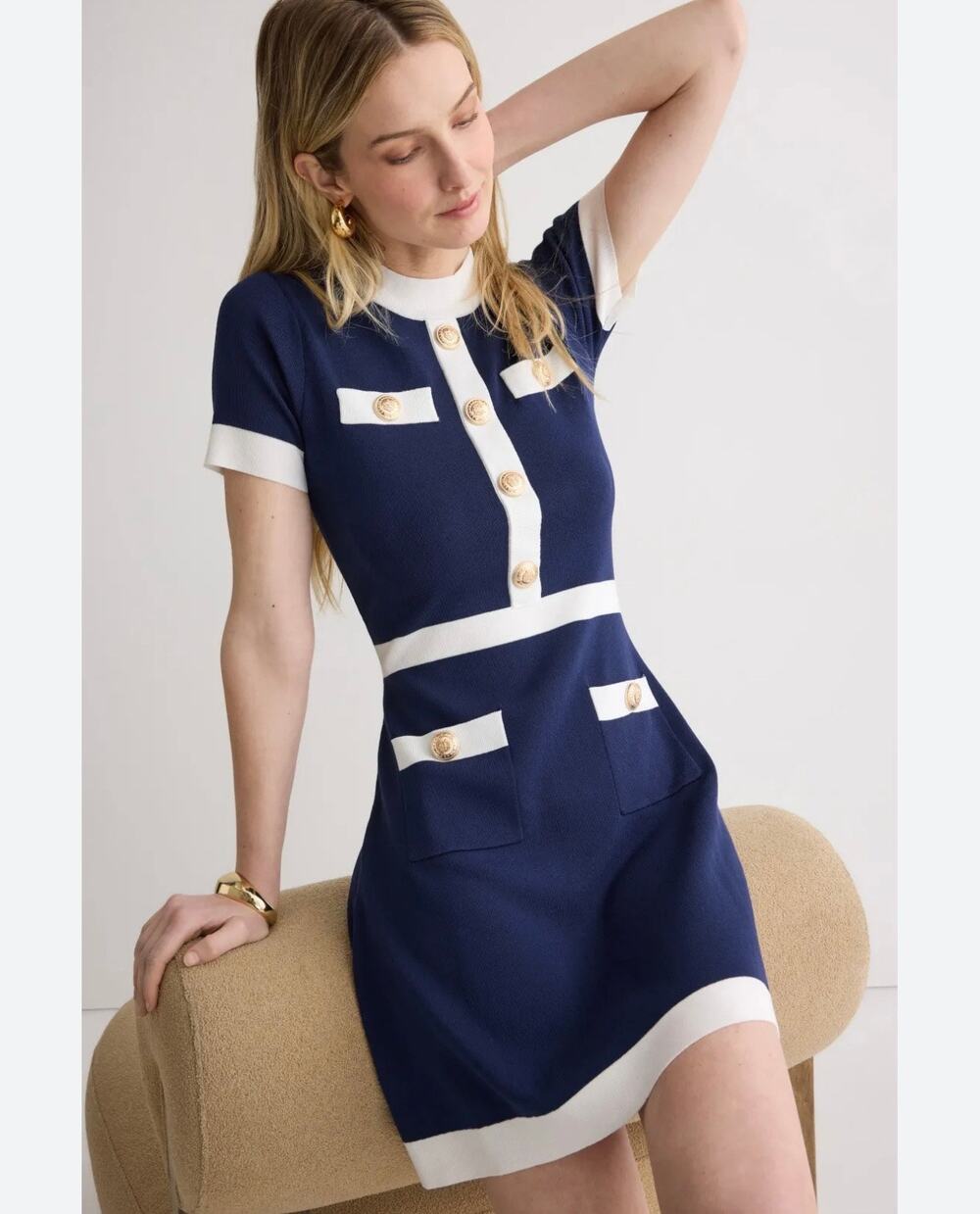 Alexia Admor Navy & White Knit Mini Dress Size L NWT-Like MSRP $245